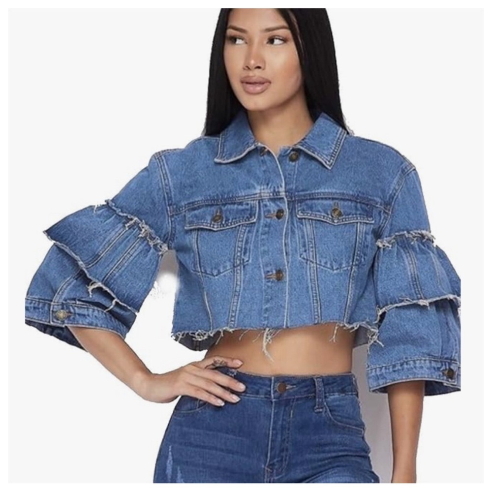 Celebrity Cropped Denim Jacket 
Denim Ruffle Sleeve Crop Jacket